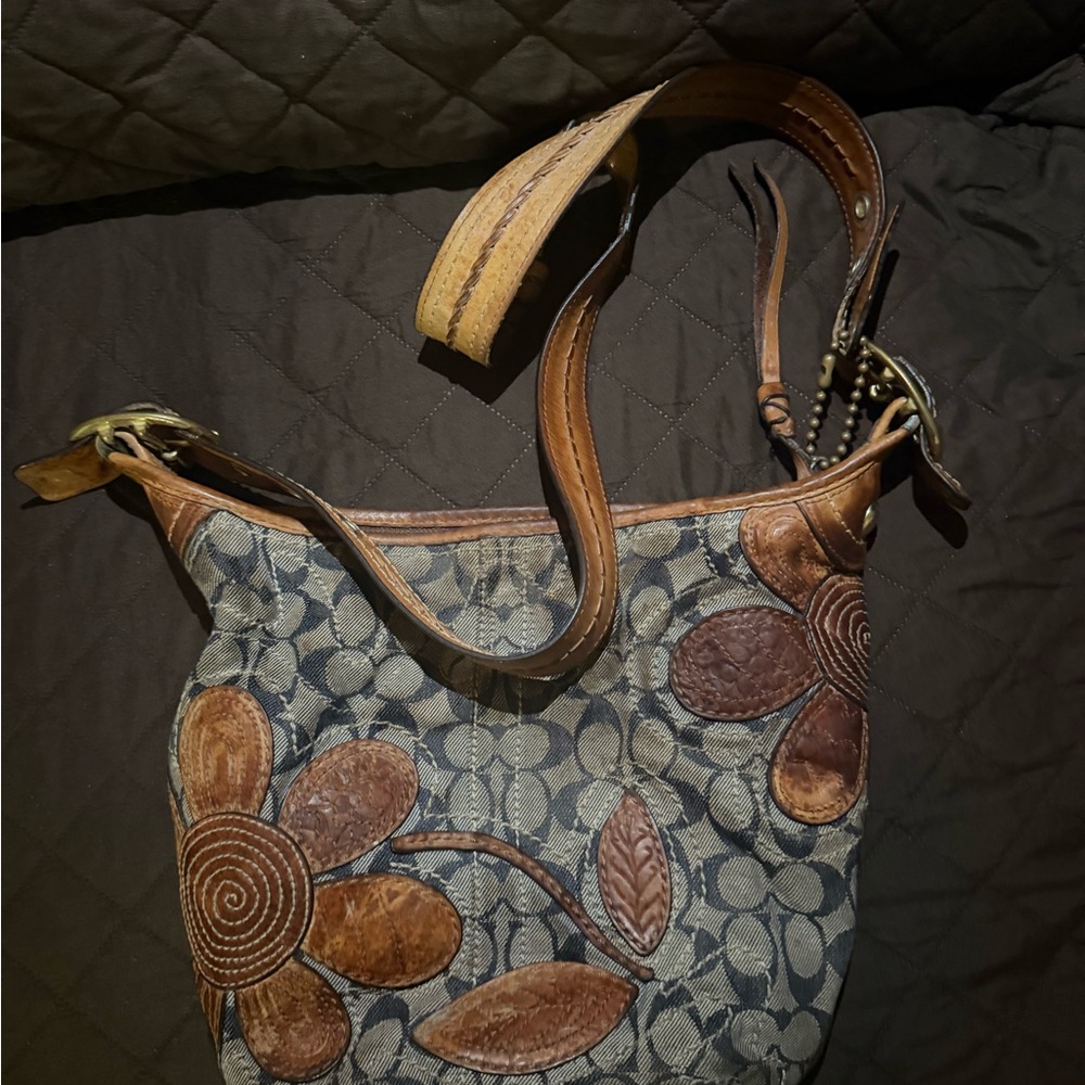 Coach Brown and Gray Floral Shoulder Bag